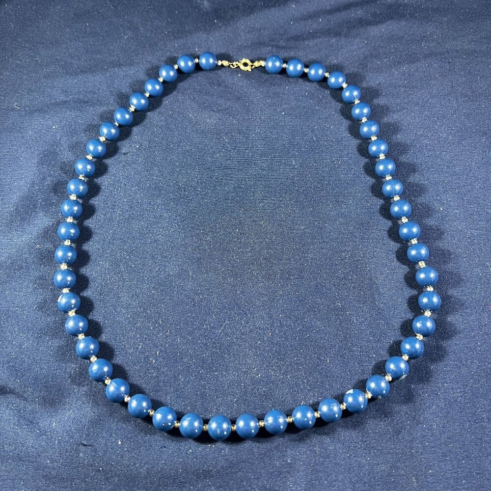 Vintage Midnight Blue Beaded Necklace With Gold-Tone Clasp